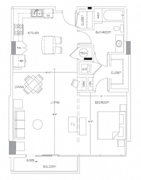 Floor plan for 1 bed, 1 bath, 922 sqft